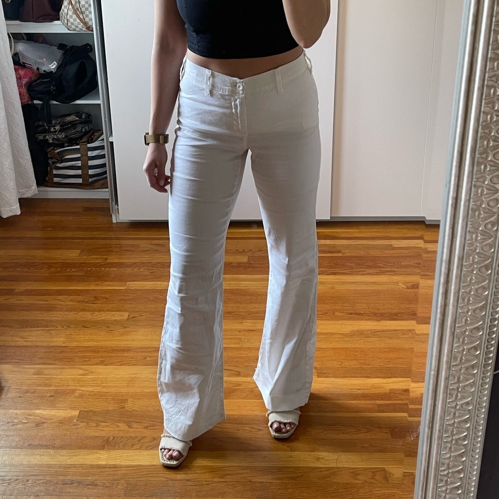 Mid rise, wide leg, white linen pants